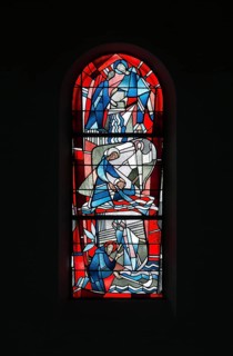 Stained glass window by Ernst Jansen-Winkeln in the right (west) aisle, scenes from the life of St