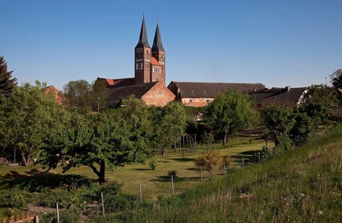 Distant view from the Elbe dyke in north-west direction, surrounded by farm buildings, St., Sankt,