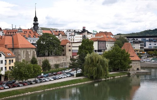 Maribor, old town with Drava riverbank