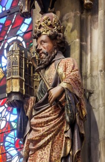 Choir hall, figure of Charlemagne on the eastern end wall with model of the cathedral