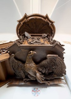 Baroque Helmont pulpit from 1718, view from below with eagle as supporting figure, St., Sankt,