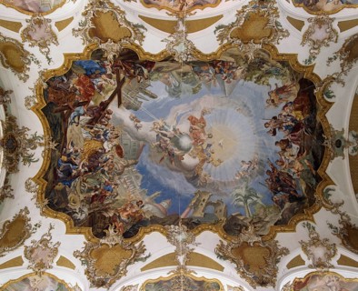 Landsberg am Lech, baroque Fialkirche Hl. Kreuz, ceiling fresco in the nave. Theme: The discovery