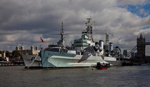 In service 1939-64, permanent berth on the Thames, Tower on the left, Tower Bridge on the right