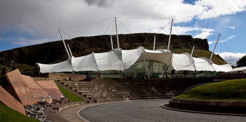 Tent roof construction opened in 1999, behind the Arthur's Seat 250 m high ridge