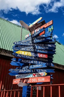 Milemarker in the centre of Ushuaia, Argentina, South America