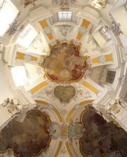 Vault of the northern transept arm. The Vierzehnheiligen Basilica near Bad Staffelstein in the
