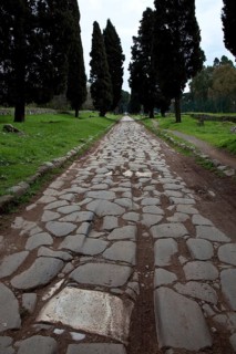 Streetscape with antique paving and cart tracks