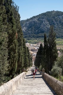 Majorca, Pollenca, Puig del Calvari, Stairway to the Calvary. View of the town and the countryside