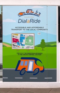 Poster advertising Dial a Ride local community transport, city of Lincoln, Lincolnshire, England,