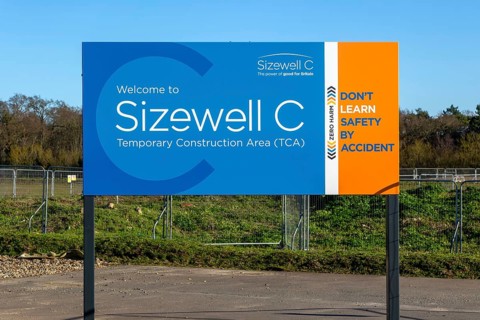 Welcome to Sizewell C temporary construction area (TCA) sign, Sizewell, Suffolk, England, UK