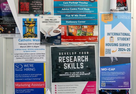 Student information noticeboard, University of Lincoln, Lincoln, Lincolnshire, England, UK