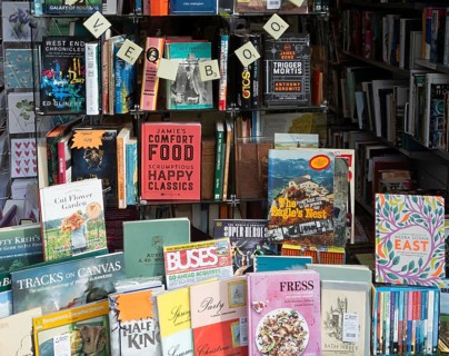 Shop window display of secondhand books in Dorothy House charity shop, Chippenham, Wiltshire,