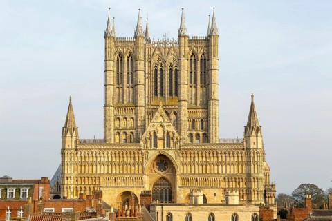 West frontage of Lincoln cathedral church viewed from castle walls, city of Lincoln, Lincolnshire,