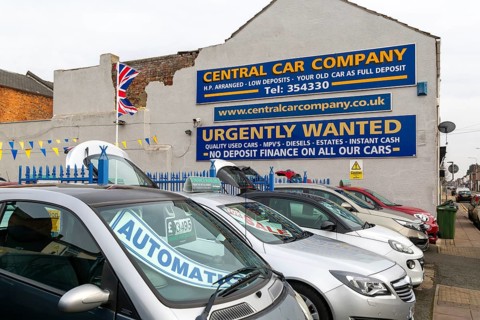 Forecourt of Central Car Company secondhand car sales, Grimsby, north east Lincolnshire, England,