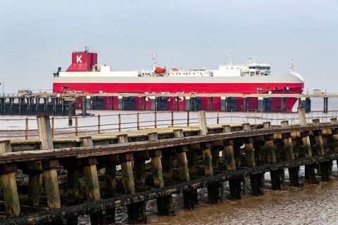 Thames Highway KESS vehicle carrier ship docked, River Humber, Port of Grimsby, river terminal,