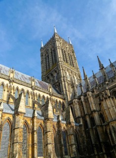 Looking up at central tower of Lincoln cathedral church, city of Lincoln, Lincolnshire, England, UK