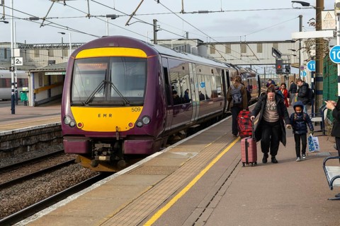 East Midlands Railway British Rail Class 170 Turbostar train at station platform, Peterborough,