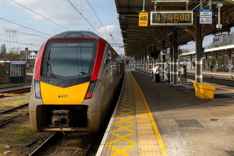 Greater Anglia, British Rail Class Stadler 755 bi-modal multiple unit passenger train arriving at