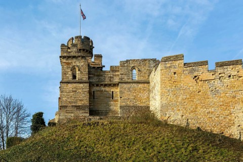 Observatory Tower turret flying Union Jack flag, Lincoln Castle, city of Lincoln, Lincolnshire,