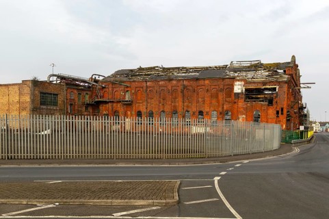Derelict ruin of Great Grimsby Ice Factory built in 1900, Grimsby docks, north east Lincolnshire,
