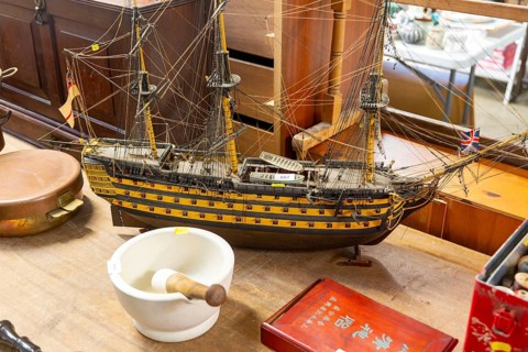 Model historic HMS Victory battleship on display in auction room, Campsea Ashe, Suffolk, England,