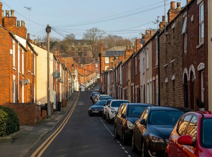 Victorian terraced housing with no front gardens, St Hugh Street, inner city of Lincoln,