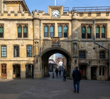 The Stonebow and Guildhall medieval town gate main city High Street, Lincoln, Lincolnshire,