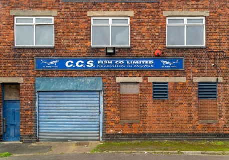 Fish company premises specialists in dogfish, Grimsby docks, north east Lincolnshire, England, UK