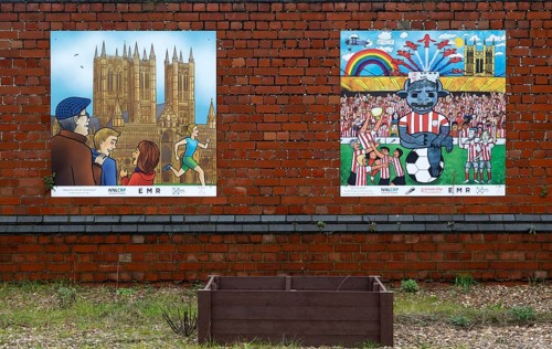 Heritage posters portraying local history, Lincoln railway station, city of Lincoln, Lincolnshire,