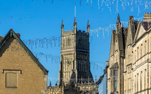Tower of Saint John the Baptist church, Cirencester, Gloucestershire, England, UK