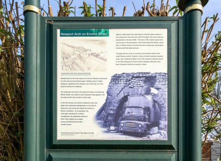 Information sign notice about Newport Arch on Roman Ermine Street, Bailgate, city of Lincoln,