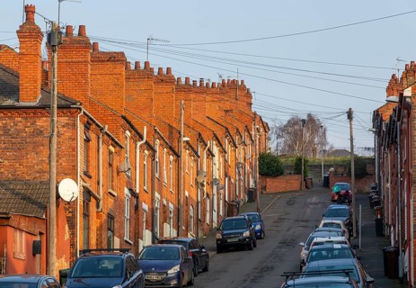Victorian terraced housing with no front gardens, Bernard Street, inner city of Lincoln,