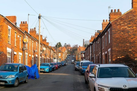Victorian terraced housing with no front gardens, Coleby Street, inner city of Lincoln,