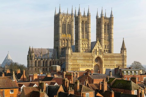 West frontage of Lincoln cathedral church viewed from castle walls, city of Lincoln, Lincolnshire,