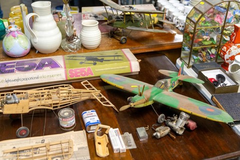 Model planes on display in auction room, Campsea Ashe, Suffolk, England, UK