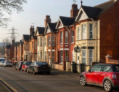 Terraced villas with bay windows front gardens, Tempest Street, inner city of Lincoln,
