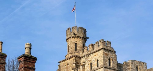 Observatory Tower turret flying Union Jack flag, Lincoln Castle, city of Lincoln, Lincolnshire,