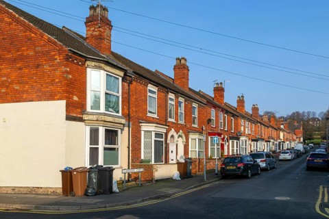 Victorian terraced housing with small front gardens, Claremont Street, inner city of Lincoln,