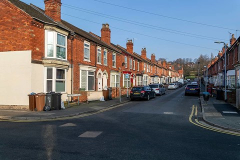 Victorian terraced housing with small front gardens, Claremont Street, inner city of Lincoln,