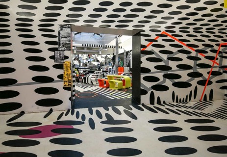 Venice, Biennale grounds, cafeteria designed in 2009 by Tobias Rehberger, vestibule with view into
