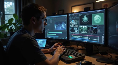 An individual is working on video production at a desk illuminated by screens displaying timelines