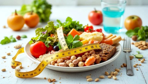 A colorful salad with beans, bread, and vegetables adorned with a measuring tape centers on diet