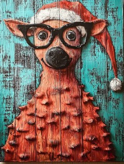 Whimsical holiday art featuring a stylized reindeer with a Santa hat and glasses, set against a