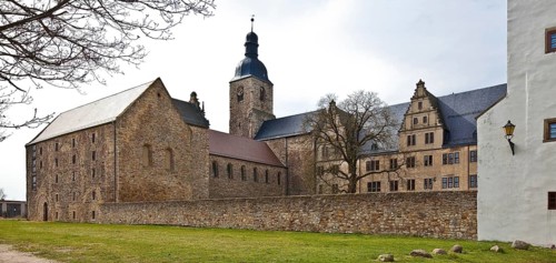 Leitzkau former castle and monastery complex seen from north-east left collegiate church right
