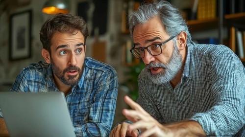 Two men are engaged in a focused discussion while looking at a laptop, showing teamwork and