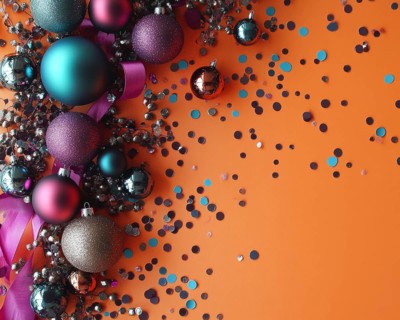 Vibrant holiday scene with assorted colorful ornaments, tiny silver flower accents, a violet