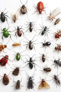 This image features a collection of insects, each unique in its appearance and form. Set against a