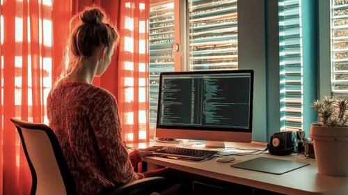 A woman sits at a desk in front of her computer with code displayed on the screen. Sunlight filters