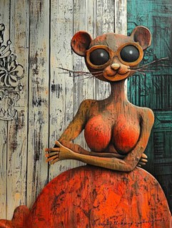 A whimsical, rustic wooden sculpture presents a woman's body with a mouse's head wearing round