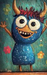 An artistic representation of a cartoon-like monster character with horns, big eyes, and a playful